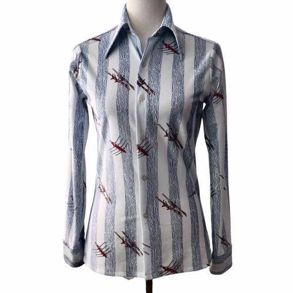 Vintage Sears Put On Shop Womens Sculling Rowing Print L/S Button Up Top S? - Picture 1 of 10